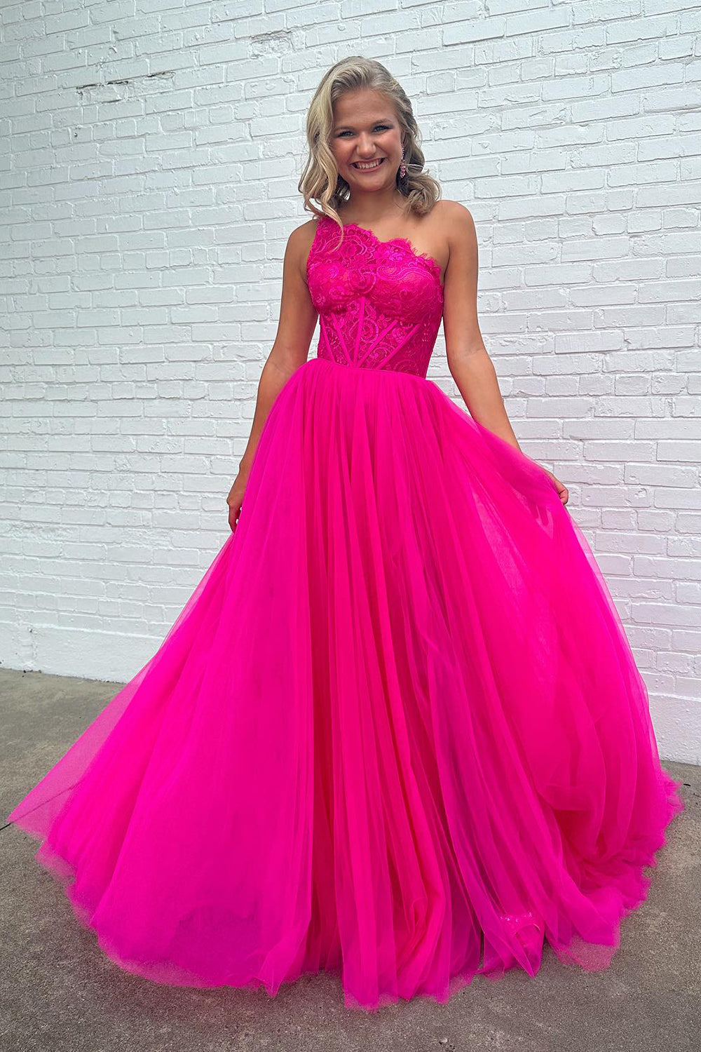 Fuchsia Detachable Long Sleeves A Line Tulle Long Prom Dress with Lace