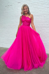Fuchsia Detachable Long Sleeves A Line Tulle Long Prom Dress with Lace