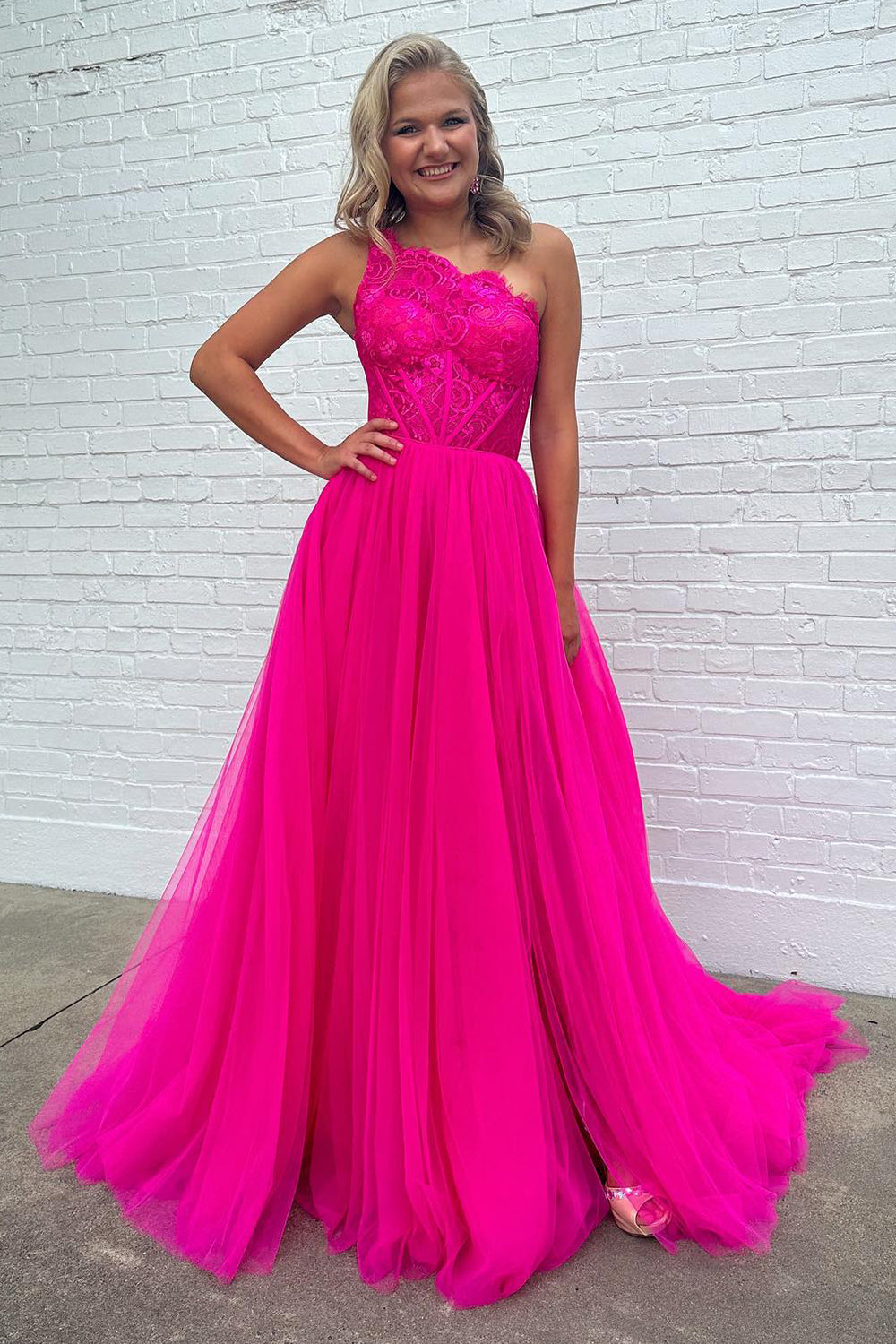 Fuchsia Detachable Long Sleeves A Line Tulle Long Prom Dress with Lace