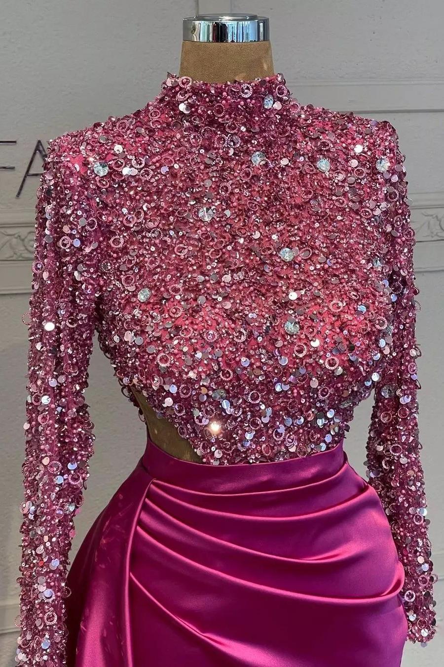 Fuchsia Mermaid Prom Dress Long Sleeve High Neck Satin Sequined Evening Dress
