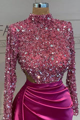 Fuchsia Mermaid Prom Dress Long Sleeve High Neck Satin Sequined Evening Dress