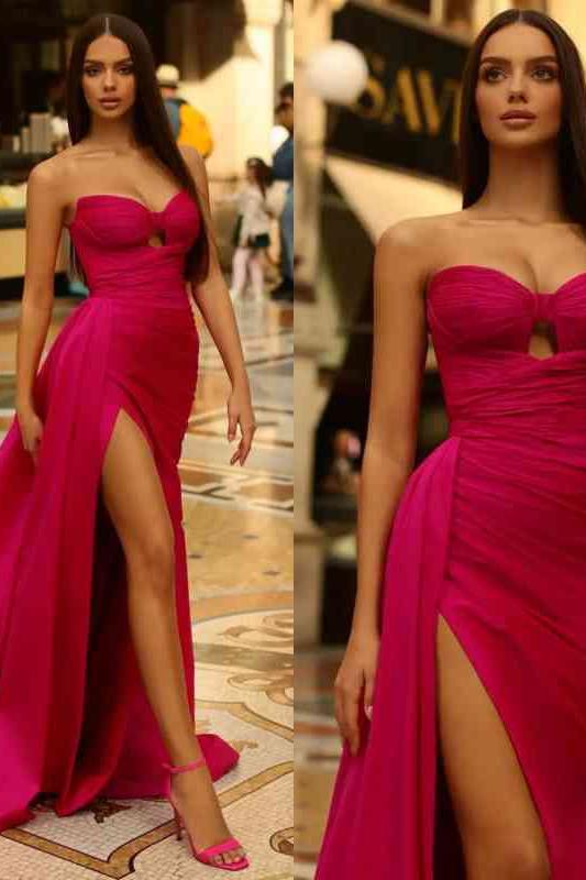 Fuchsia Mermaid Prom Dress Sleeveless Sweetheart Satin Evening Dress