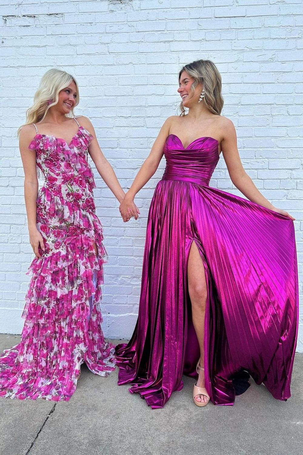 Green Metallic Sweetheart Long Prom Dress with Slit