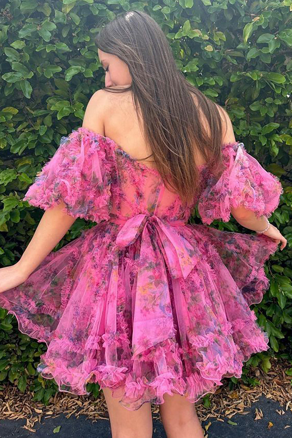 Fuchsia Off-the-Shoulder A-Line Printed Short Graduation Dress