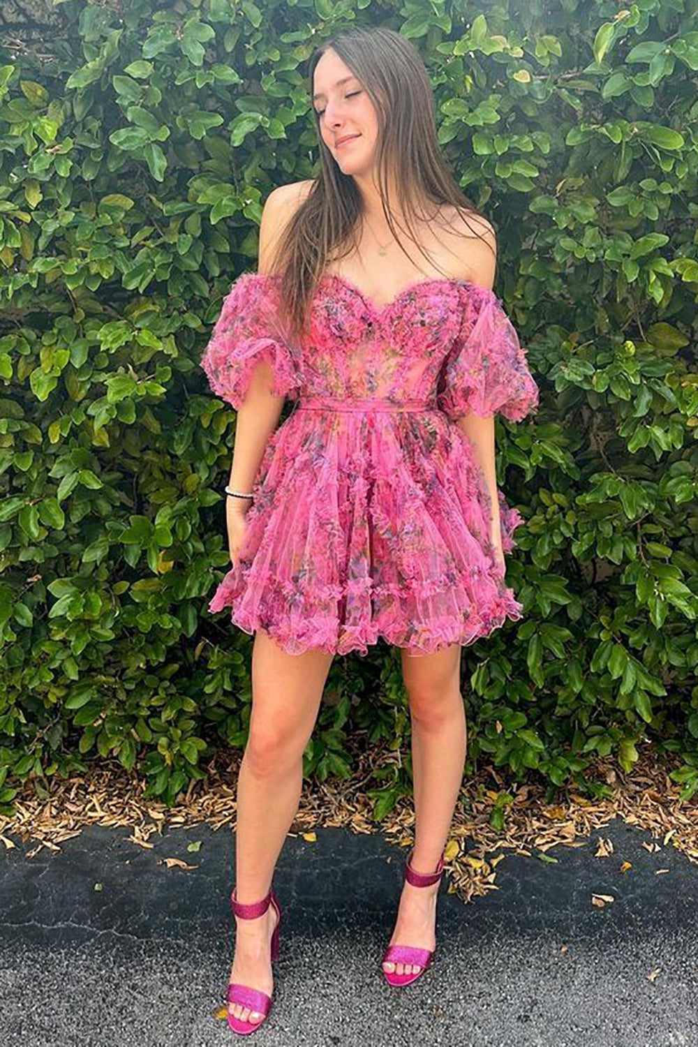 Fuchsia Off-the-Shoulder A-Line Printed Short Graduation Dress