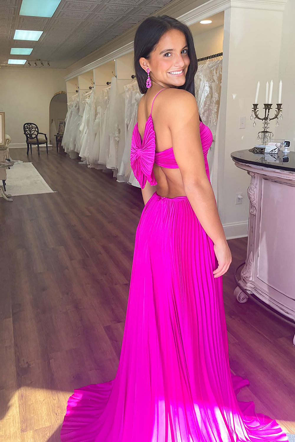 Fuchsia Prom Dress A Line Halter Neck Pleated Long Formal Dress