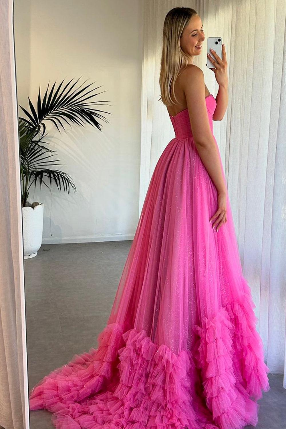 Fuchsia Prom Dress A Line Ruffled Long Evening Dress
