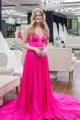 Fuchsia Prom Dress A Line V-Neck Pleated Satin Formal Dress