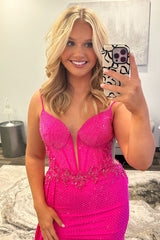 Fuchsia Prom Dress Beaded Spaghetti Straps Formal Dress With Slit