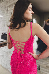 Fuchsia Prom Dress Corset Sequined Long Mermaid Evening Dress with Slit