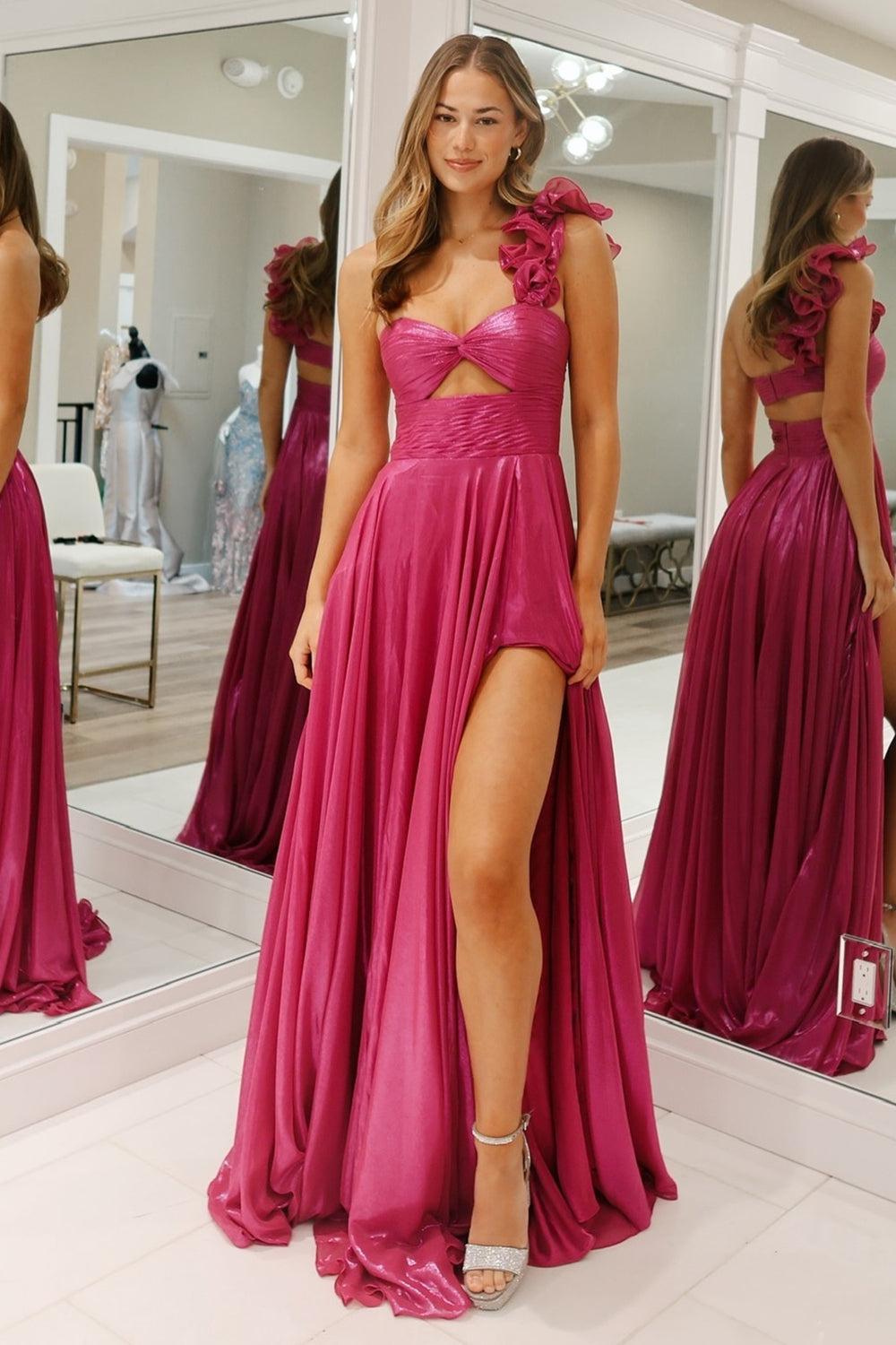 Fuchsia Prom Dress Hollow Out One Shoulder Evening Dress with Slit