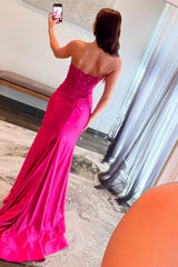 Fuchsia Prom Dress Mermaid Appliques Ruche Long Evening Dress With Slit