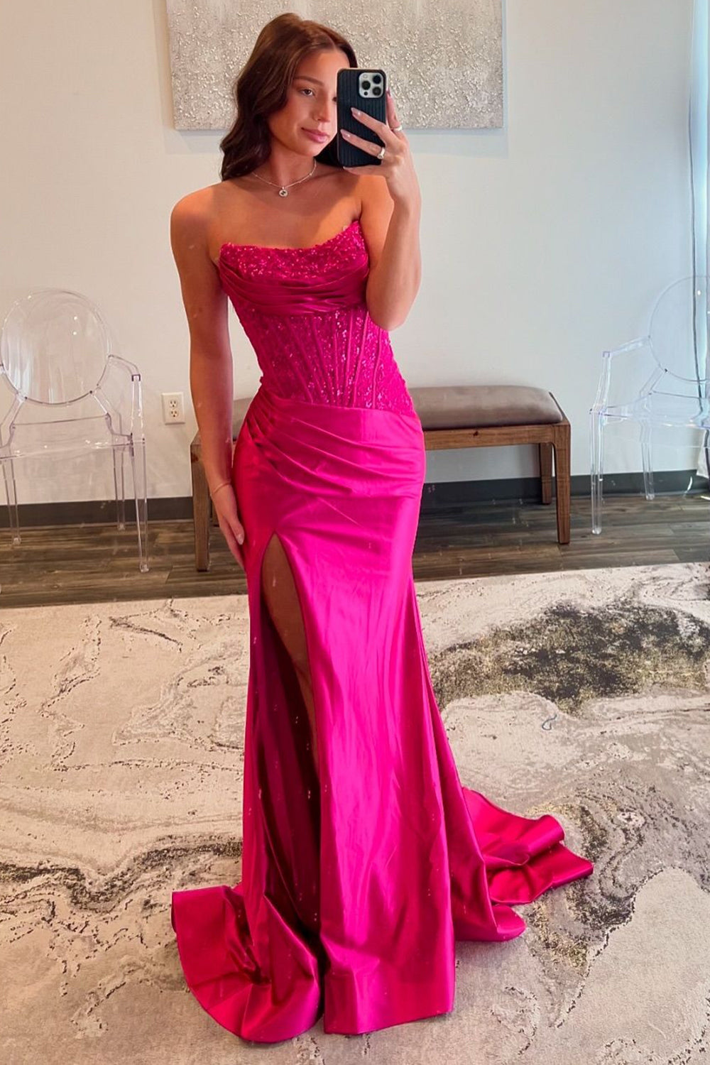 Fuchsia Prom Dress Mermaid Appliques Ruche Long Evening Dress With Slit