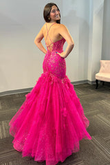 Fuchsia Prom Dress Mermaid Appliques Spaghetti Straps Long Evening Dress