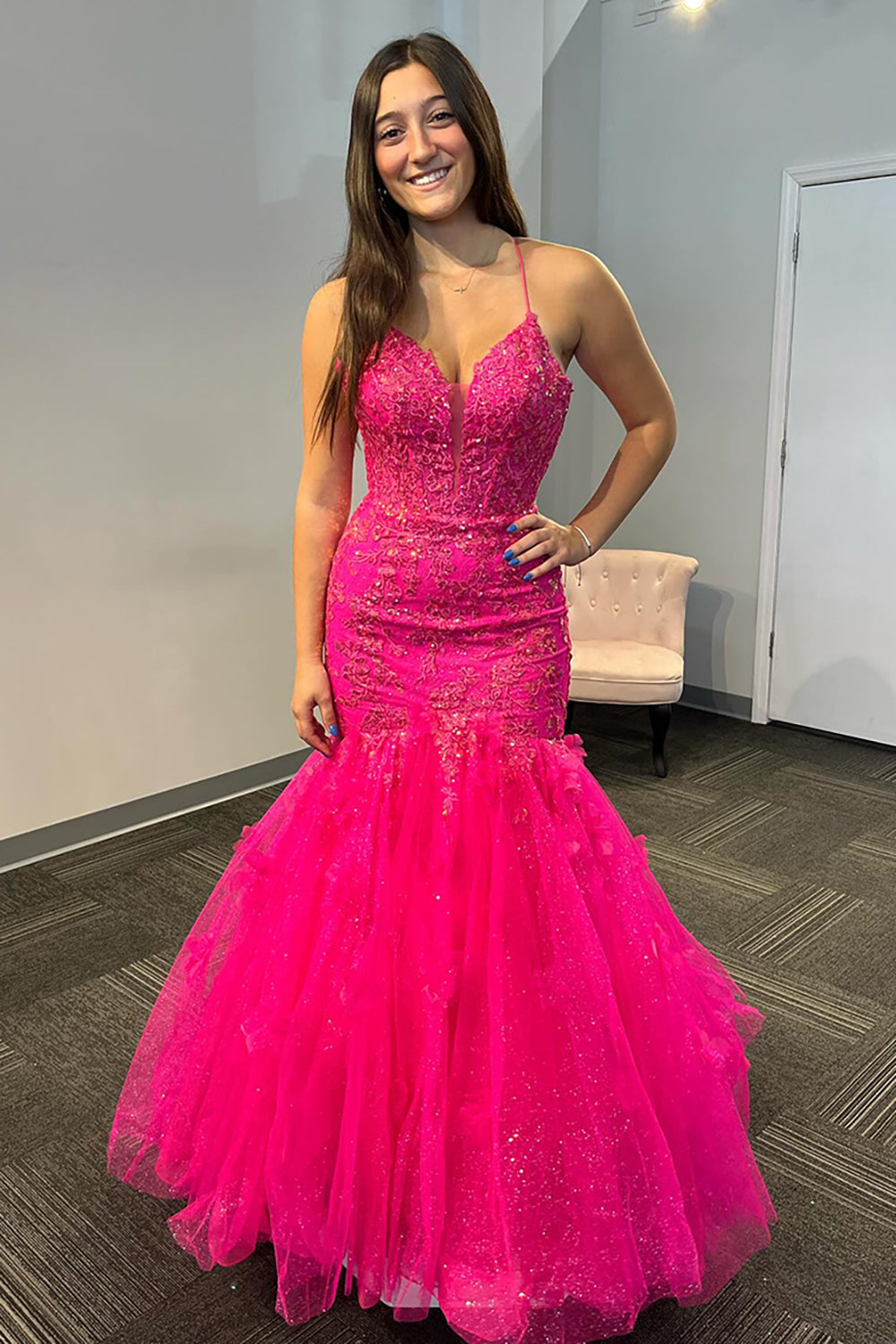 Fuchsia Prom Dress Mermaid Appliques Spaghetti Straps Long Evening Dress