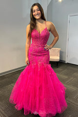 Fuchsia Prom Dress Mermaid Appliques Spaghetti Straps Long Evening Dress