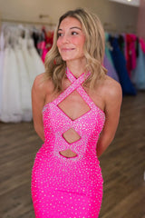 Fuchsia Prom Dress Mermaid Beaded Halter Long Evening Dress