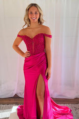 Fuchsia Prom Dress Mermaid Off The Shoulder Corset Formal Dress With Appliques