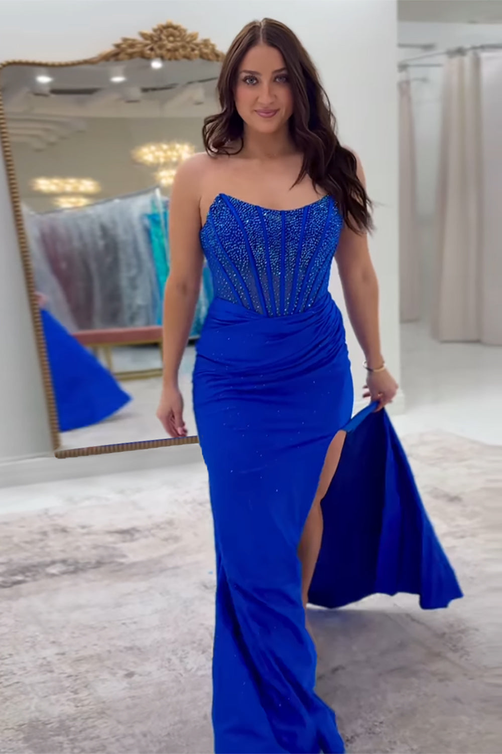 Fuchsia Prom Dress Mermaid Strapless Corset Long Formal Dress With Sequins