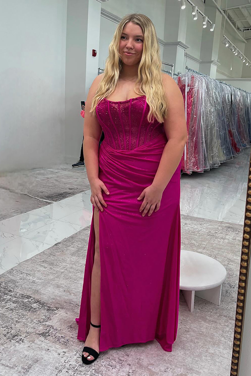 Fuchsia Prom Dress Mermaid Strapless Corset Long Formal Dress With Sequins