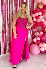 Fuchsia Prom Dress Mermaid Strapless Corset Long Formal Dress With Sequins