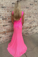 Fuchsia Prom Dress Off The Shoulder Mermaid Evening Dress With Slit