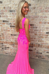 Fuchsia Prom Dress Off The Shoulder Mermaid Evening Dress With Slit