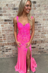 Fuchsia Prom Dress Off The Shoulder Mermaid Evening Dress With Slit