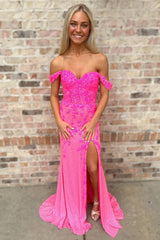 Fuchsia Prom Dress Off The Shoulder Mermaid Evening Dress With Slit