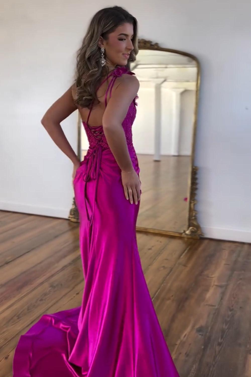 Fuchsia Prom Dress One Shoulder Mermaid Satin Long Evening Dress with Slit