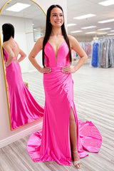 Fuchsia Prom Dress Ruched Mermaid Spaghetti Straps Long Evening Dress With Slit