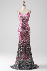 Fuchsia Prom Dress Sequined Mermaid Backless Long Evening Dress