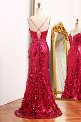 Fuchsia Prom Dress Sequined Mermaid Long Evening Dress With Slit