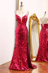 Fuchsia Prom Dress Sequined Mermaid Long Evening Dress With Slit