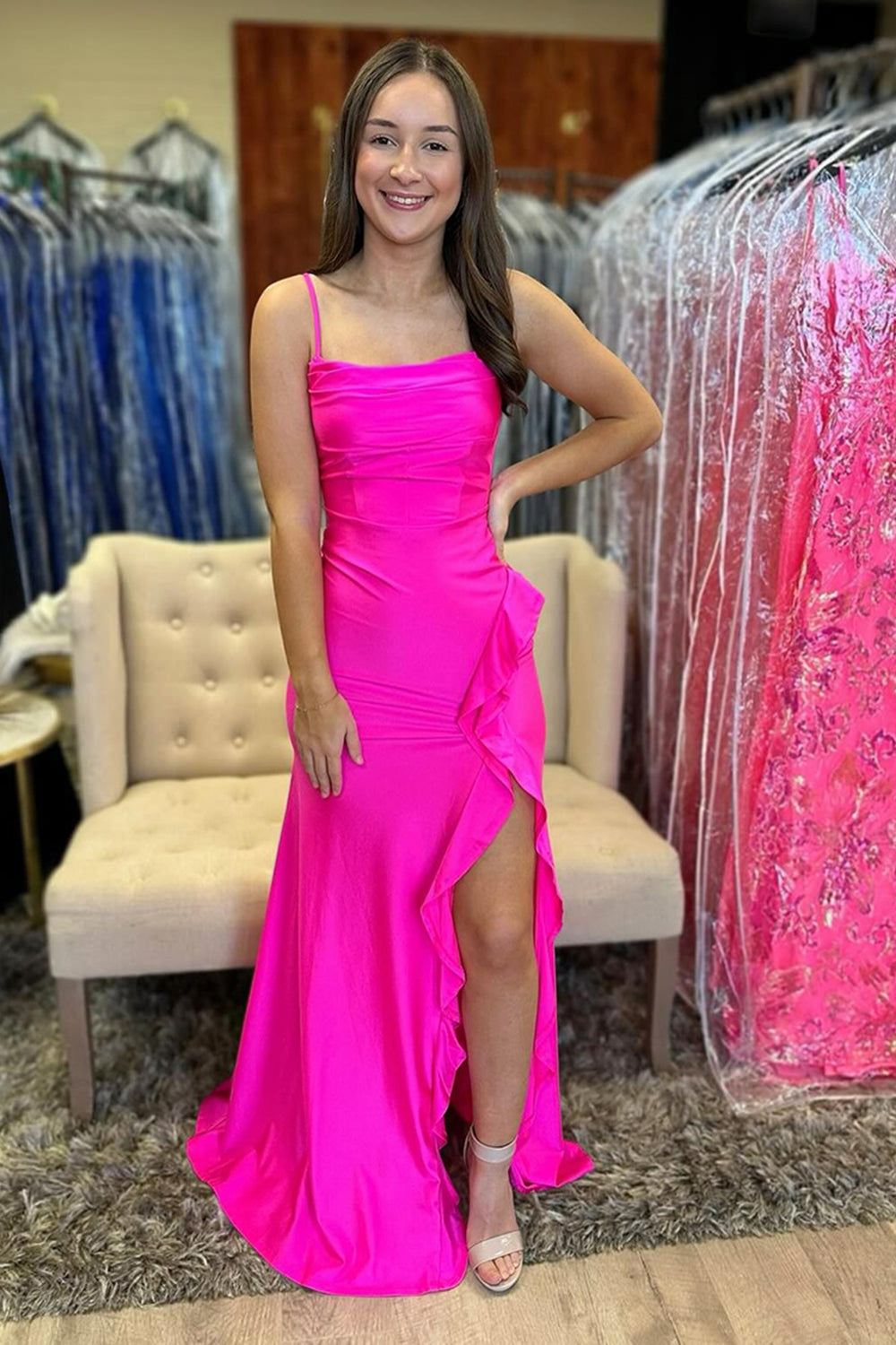 Fuchsia Prom Dress Spaghetti Straps A Line Formal Dress With Slit