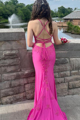 Fuchsia Prom Dress Spaghetti Straps Mermaid Satin Long Evening Dress With Slit