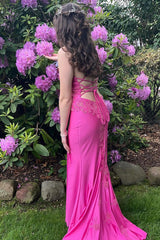 Fuchsia Prom Dress Spaghetti Straps Mermaid Satin Long Evening Dress With Slit