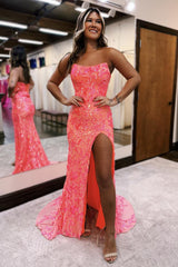 Strapless Prom Dress Sequin Lace Mermaid Evening Dress With Split