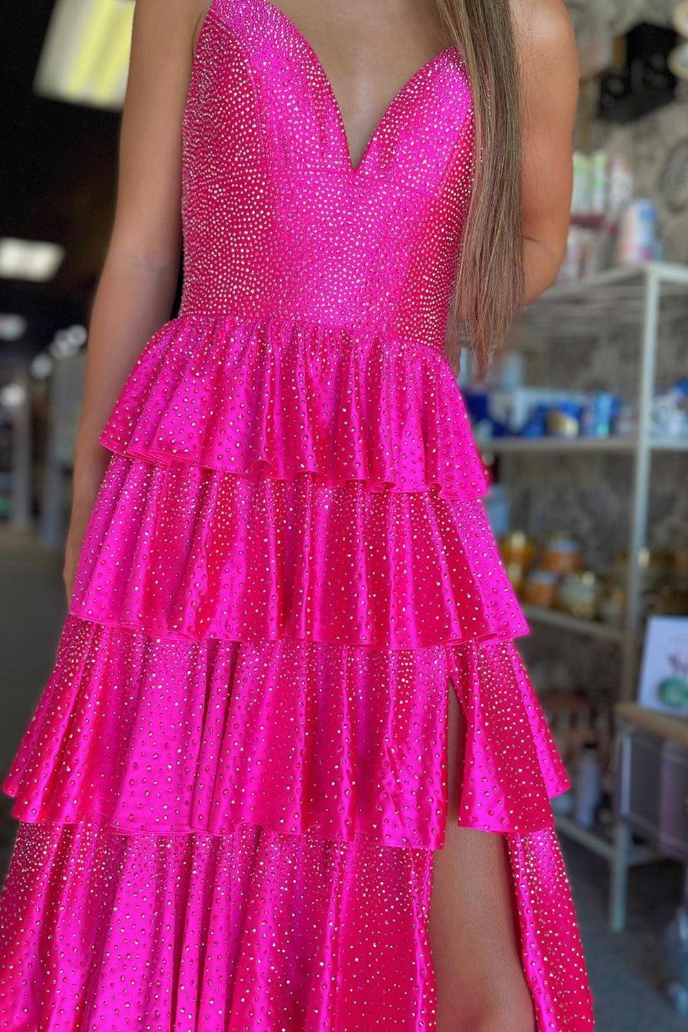 Fuchsia Prom Dress Tiered Beaded Spaghetti Straps Long Evening Dress with Slit