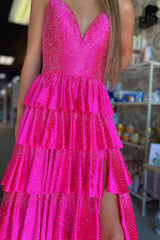 Fuchsia Prom Dress Tiered Beaded Spaghetti Straps Long Evening Dress with Slit
