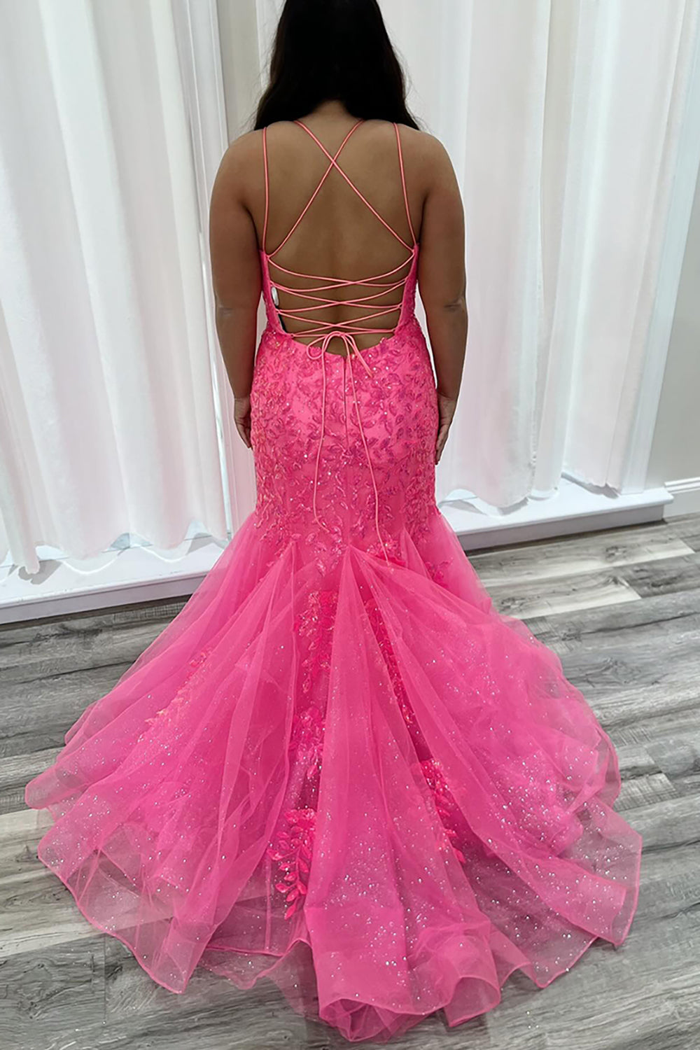 Fuchsia Prom Dress Tiered Mermaid Long Formal Dress With Appliques