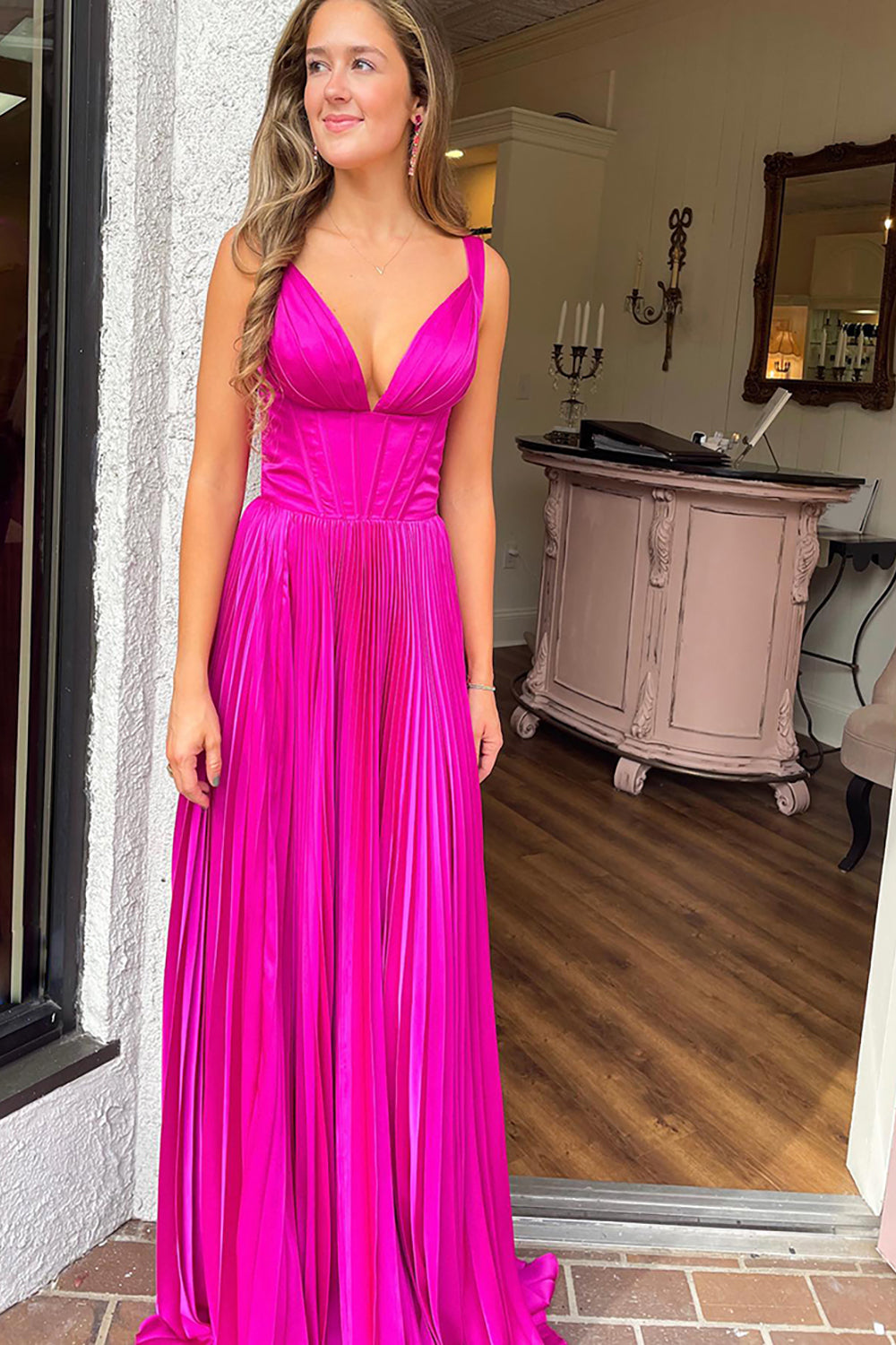 Fuchsia Prom Dress V-Neck A Line Corset Pleated Long Formal Dress