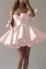 Fuchsia Satin Graduation Dress Sweetheart Sleeveless Short Cocktail Dress With Ruffles