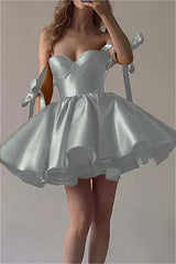 Fuchsia Satin Graduation Dress Sweetheart Sleeveless Short Cocktail Dress With Ruffles