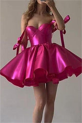 Fuchsia Satin Graduation Dress Sweetheart Sleeveless Short Cocktail Dress With Ruffles