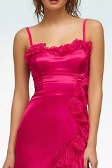 Fuchsia Satin Sheath Spaghetti Straps Long Prom Dress With Ruffles