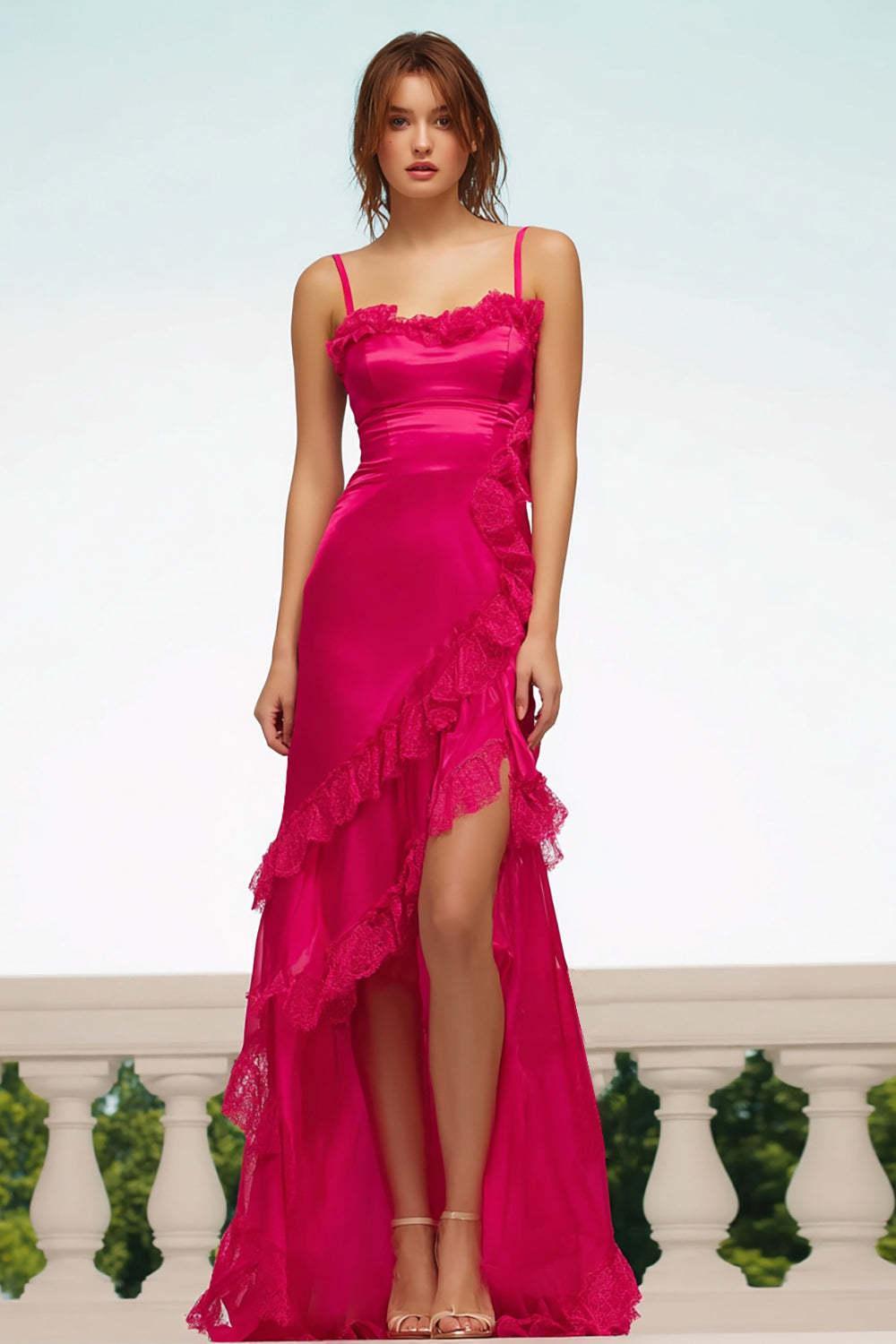 Fuchsia Satin Sheath Spaghetti Straps Long Prom Dress With Ruffles