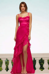 Fuchsia Satin Sheath Spaghetti Straps Long Prom Dress With Ruffles