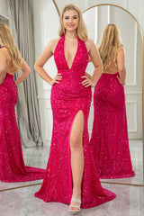 Fuchsia Sequined Prom Dress Mermaid Halter Neck Backless Long Evening Dress With Slit