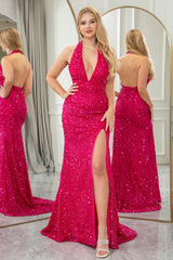 Fuchsia Sequined Prom Dress Mermaid Halter Neck Backless Long Evening Dress With Slit